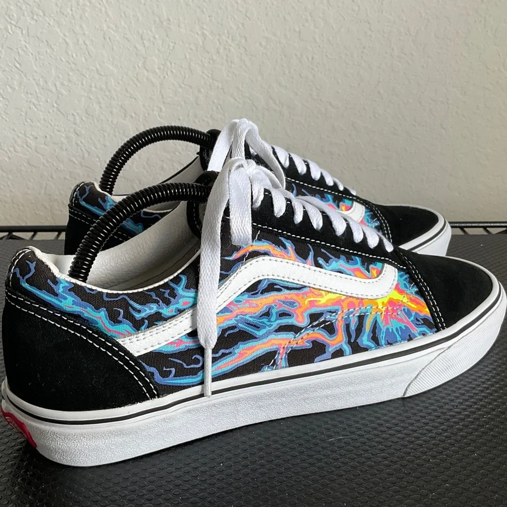Vans Old Skool Black Multi Color Lightning Flame Skate Shoes Mens 9.5 Womens 11